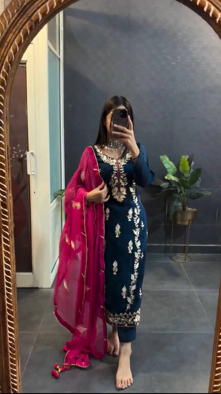 Organza Embroidered Straight Kurta Set with Vibrant Pink Dupatta