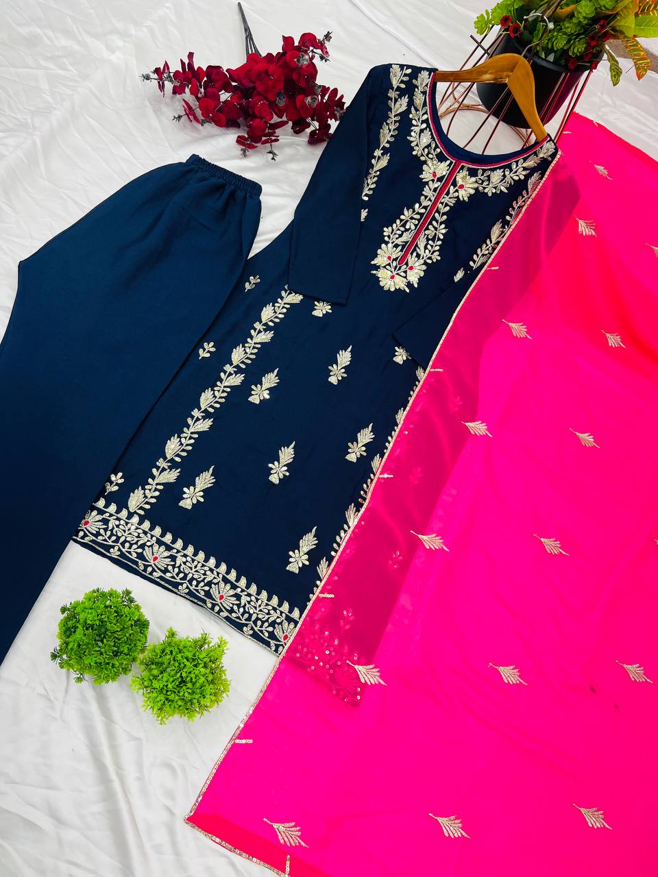 Organza Embroidered Straight Kurta Set with Vibrant Pink Dupatta