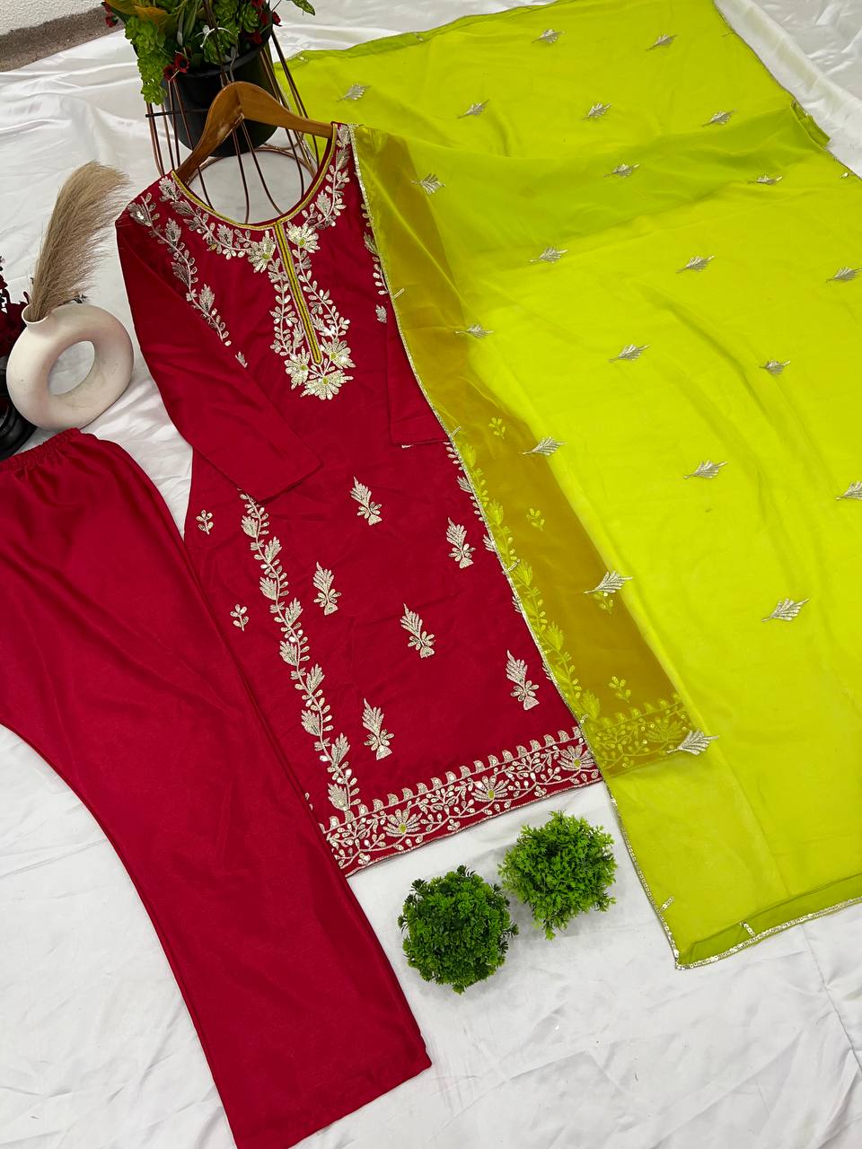 Organza Embroidered Straight Kurta Set with Vibrant Pink Dupatta