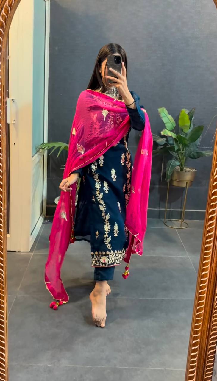 Organza Embroidered Straight Kurta Set with Vibrant Pink Dupatta