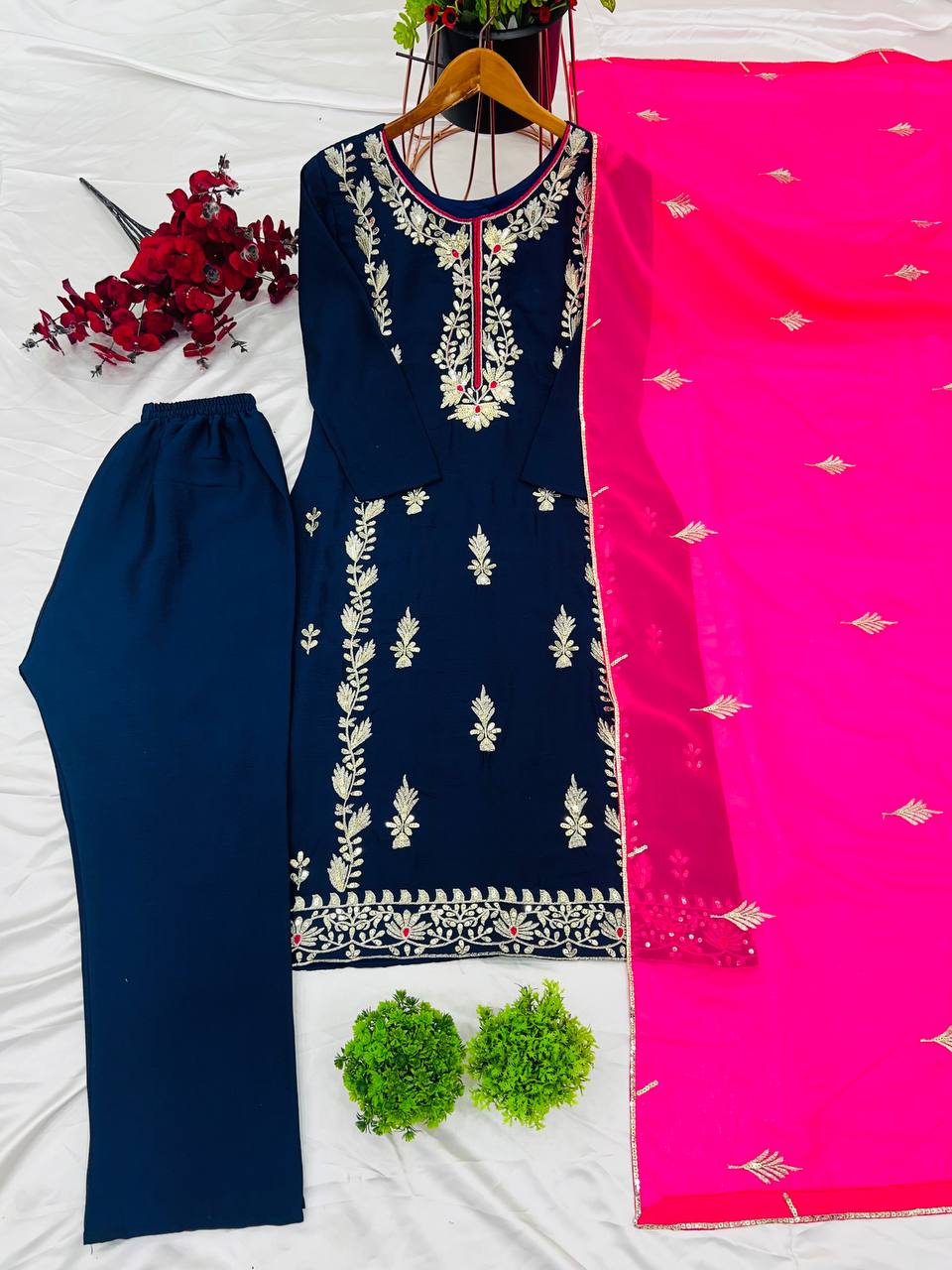 Organza Embroidered Straight Kurta Set with Vibrant Pink Dupatta