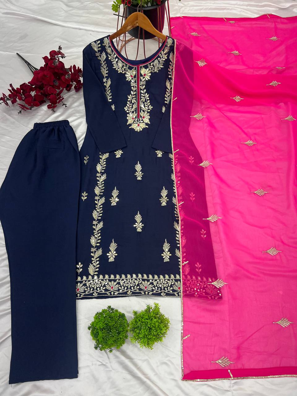 Organza Embroidered Straight Kurta Set with Vibrant Pink Dupatta