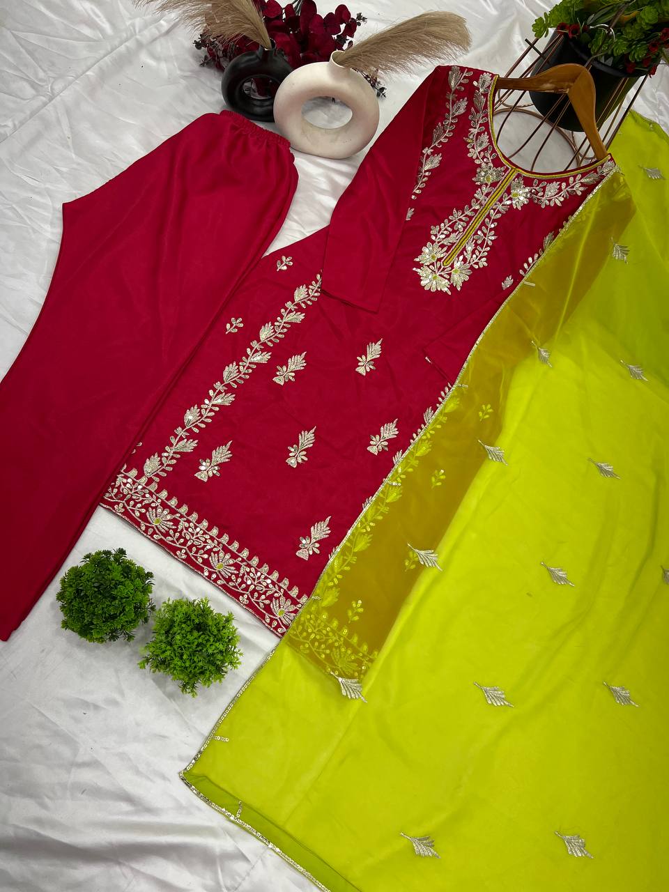 Organza Embroidered Straight Kurta Set with Vibrant Pink Dupatta
