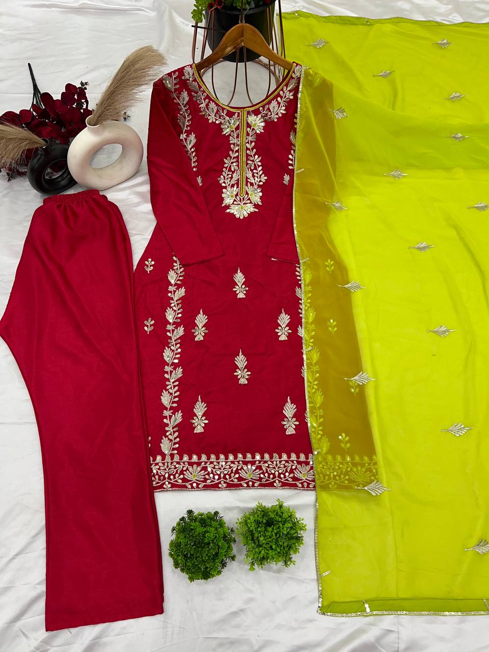Organza Embroidered Straight Kurta Set with Vibrant Pink Dupatta