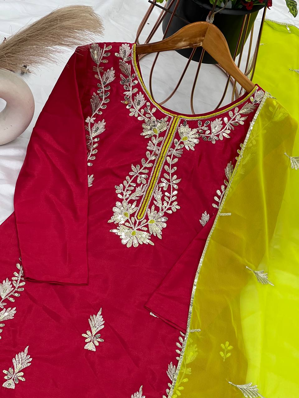 Organza Embroidered Straight Kurta Set with Vibrant Pink Dupatta