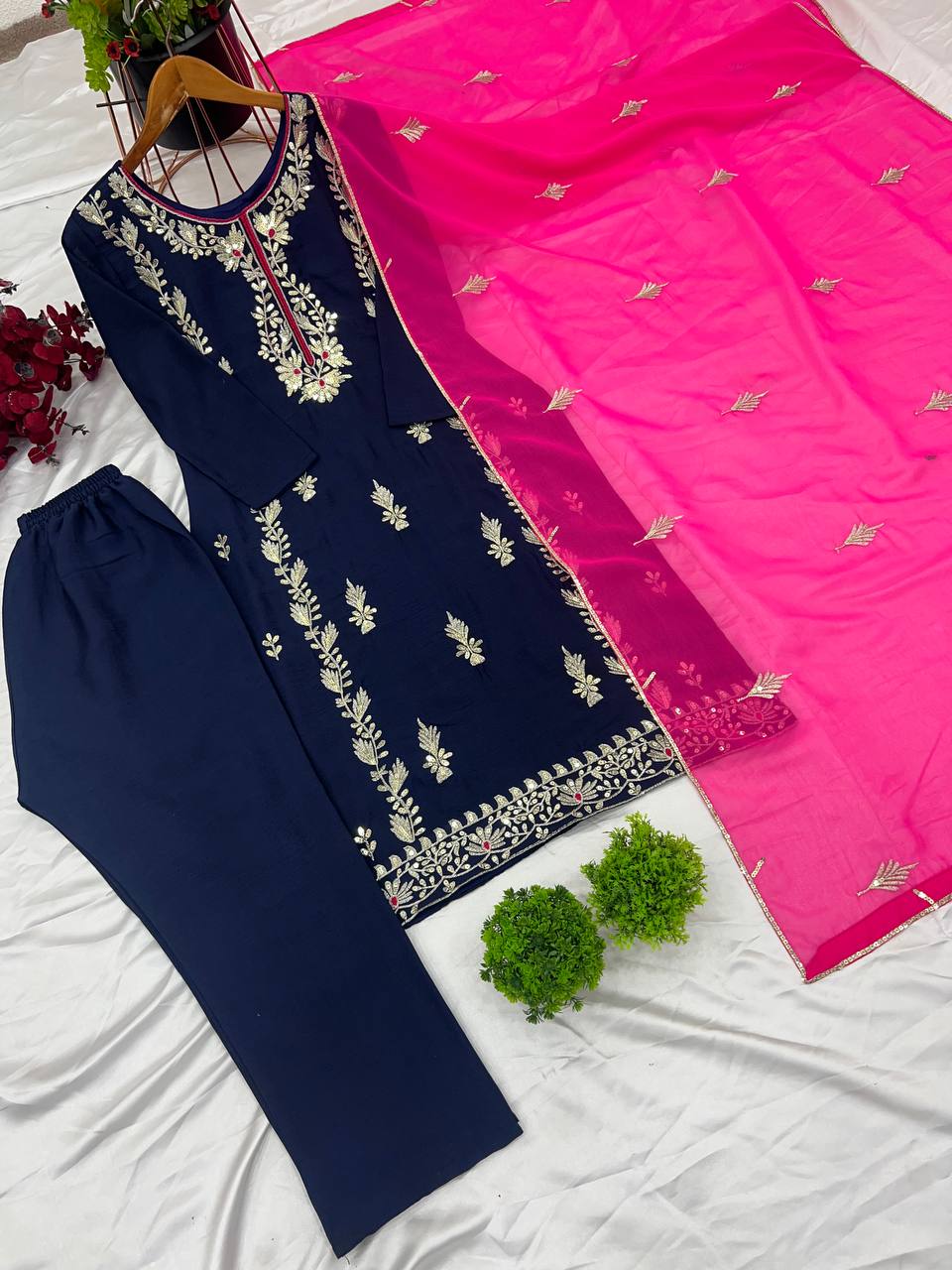 Organza Embroidered Straight Kurta Set with Vibrant Pink Dupatta