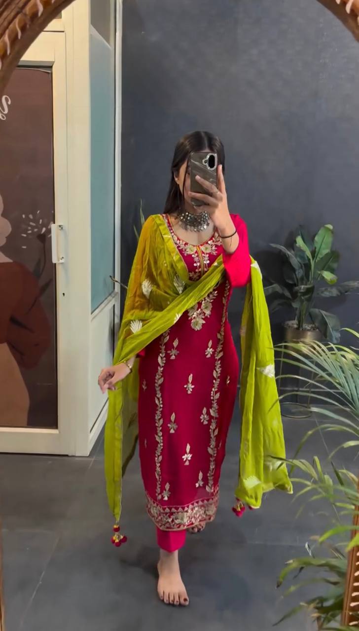 Organza Embroidered Straight Kurta Set with Vibrant Pink Dupatta