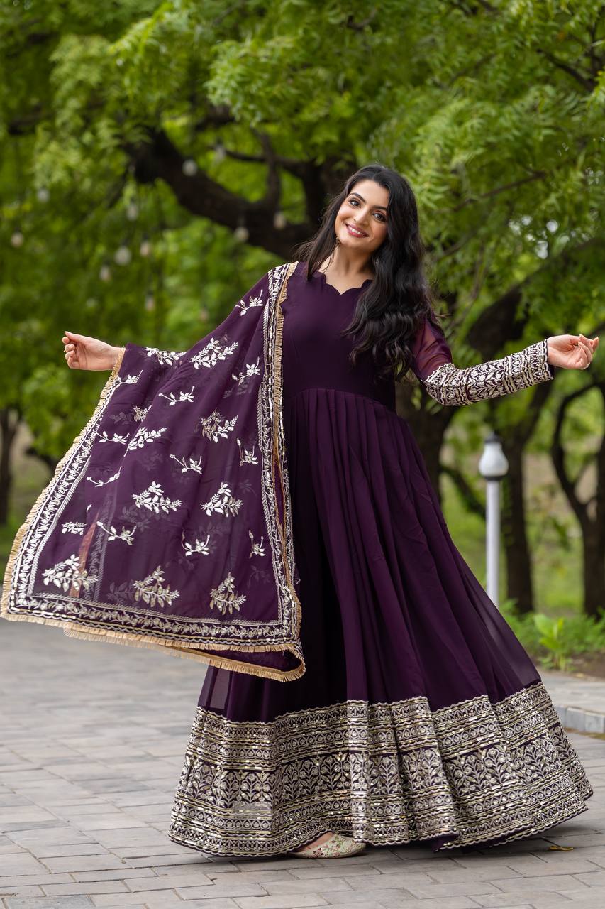 Deep Plum Anarkali Gown with Heavy Zari Embroidered Dupatta
