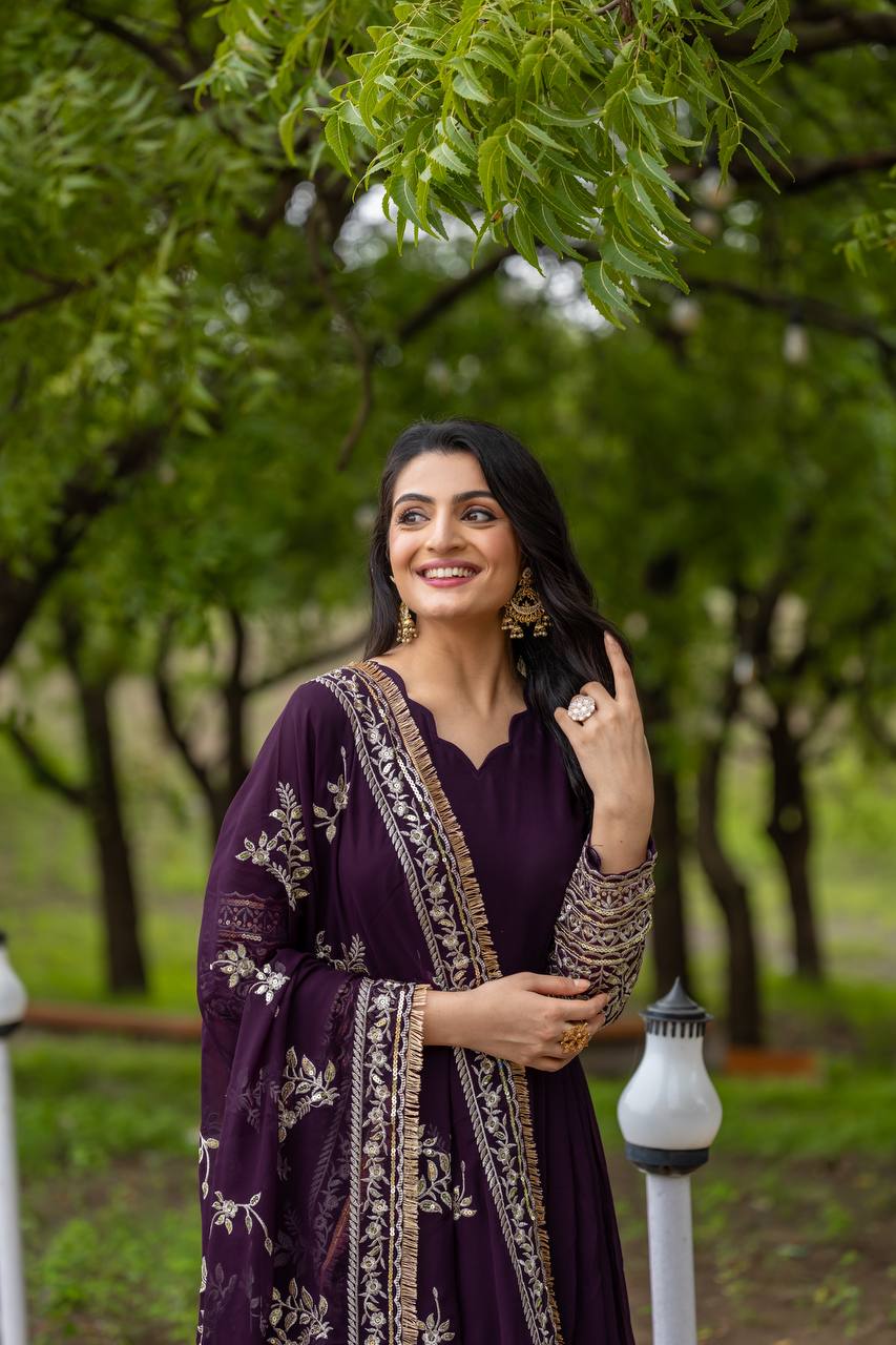 Deep Plum Anarkali Gown with Heavy Zari Embroidered Dupatta
