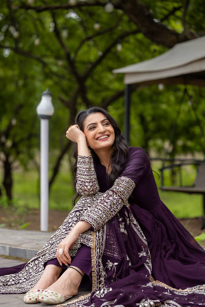 Deep Plum Anarkali Gown with Heavy Zari Embroidered Dupatta