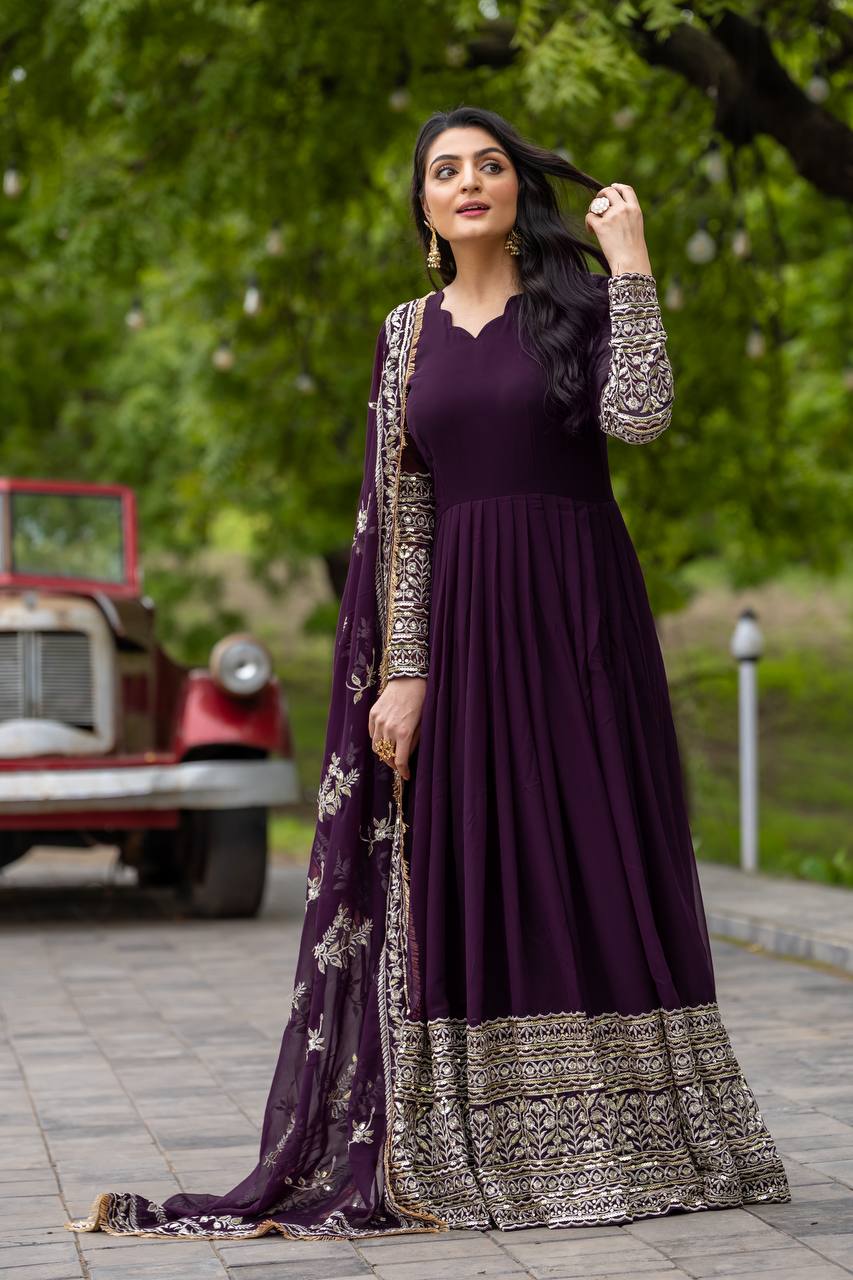Deep Plum Anarkali Gown with Heavy Zari Embroidered Dupatta