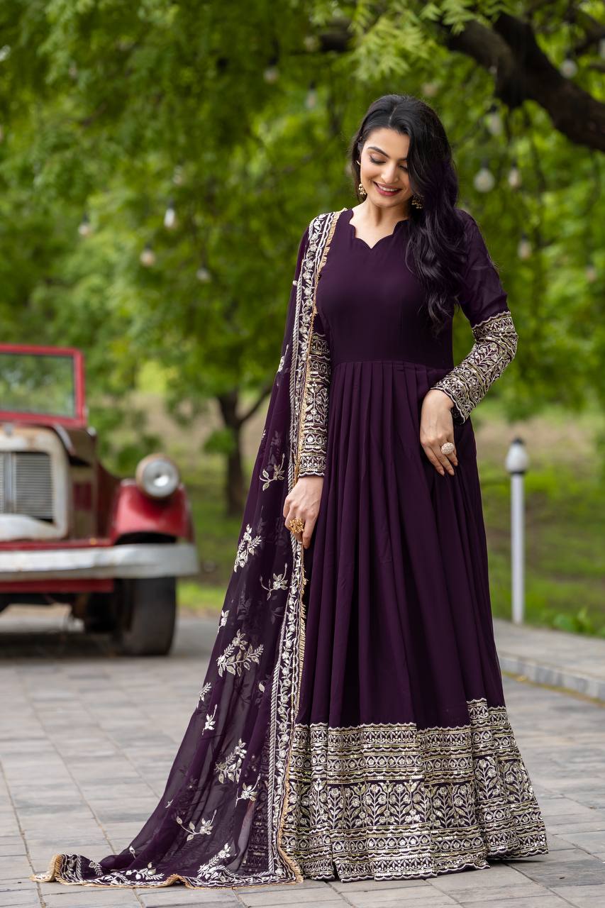 Deep Plum Anarkali Gown with Heavy Zari Embroidered Dupatta