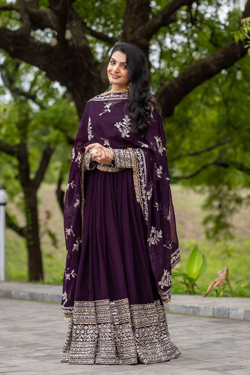 Deep Plum Anarkali Gown with Heavy Zari Embroidered Dupatta