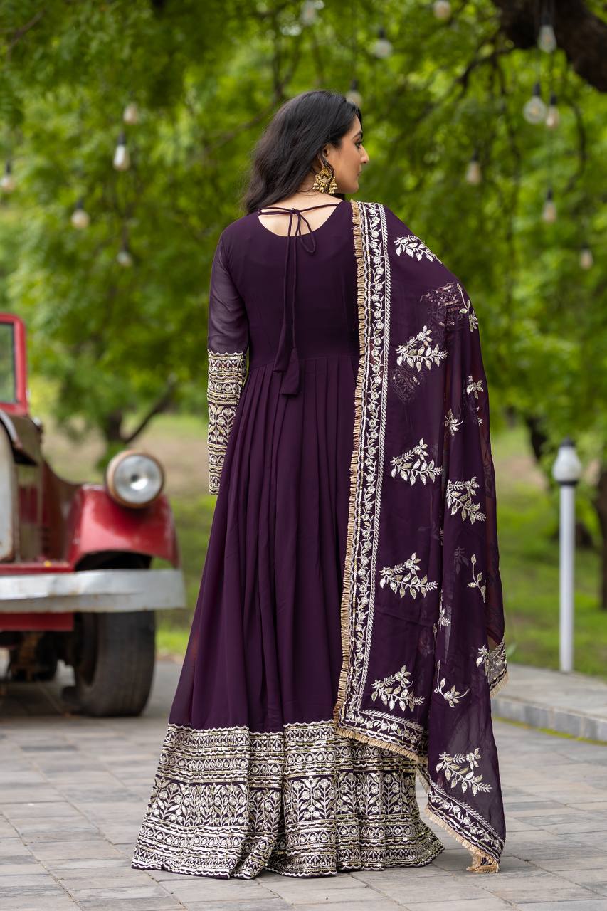 Deep Plum Anarkali Gown with Heavy Zari Embroidered Dupatta