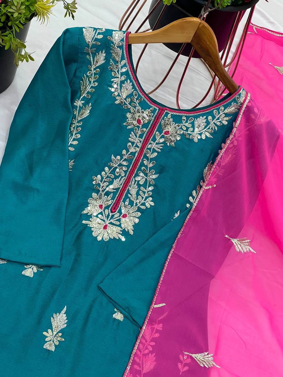 Organza Embroidered Straight Kurta Set with Vibrant Pink Dupatta