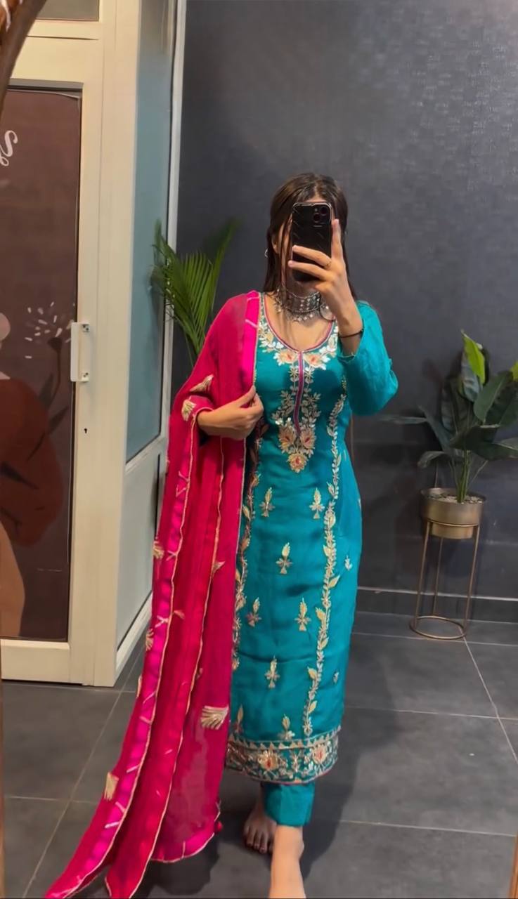 Organza Embroidered Straight Kurta Set with Vibrant Pink Dupatta