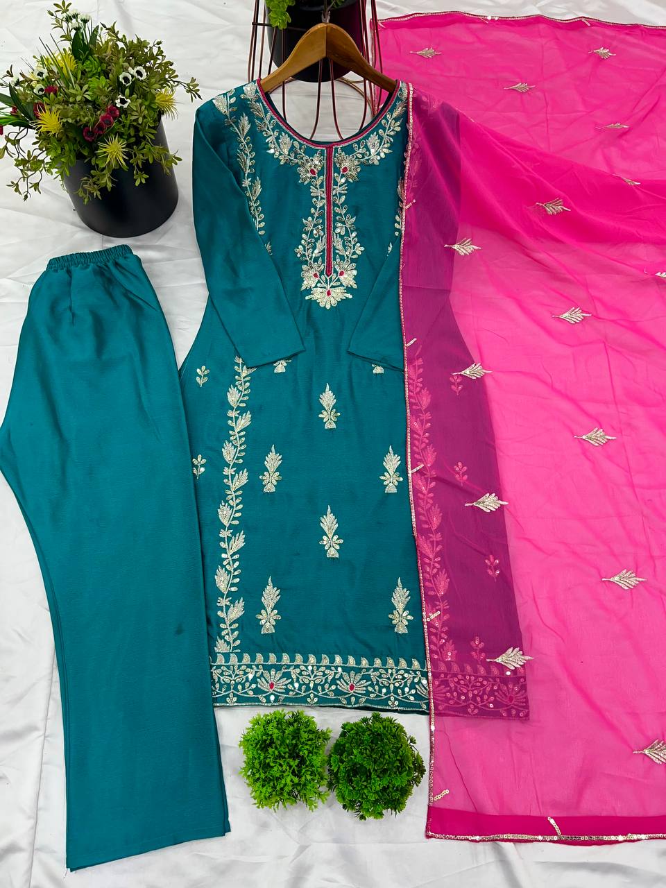 Organza Embroidered Straight Kurta Set with Vibrant Pink Dupatta