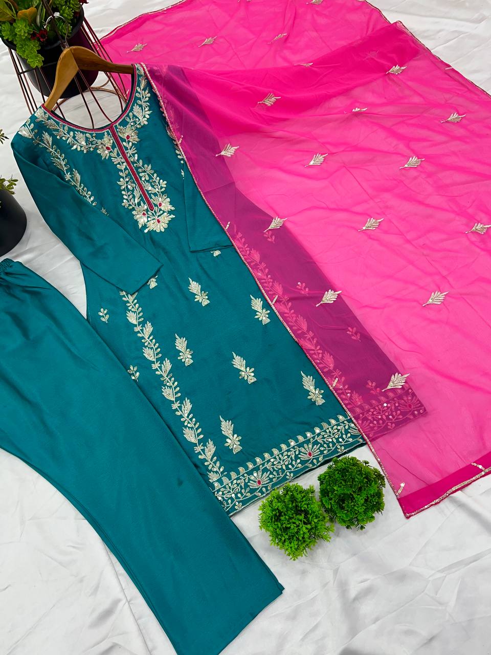 Organza Embroidered Straight Kurta Set with Vibrant Pink Dupatta