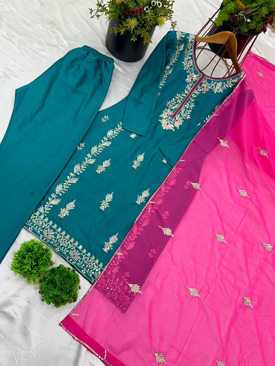 Organza Embroidered Straight Kurta Set with Vibrant Pink Dupatta