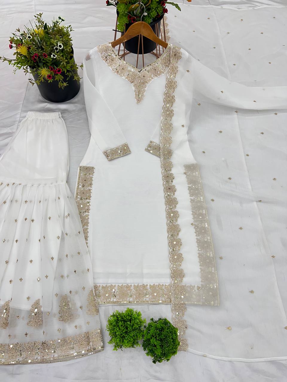 Elegant Pearl Embroidered Sharara Suit with Mirror Border