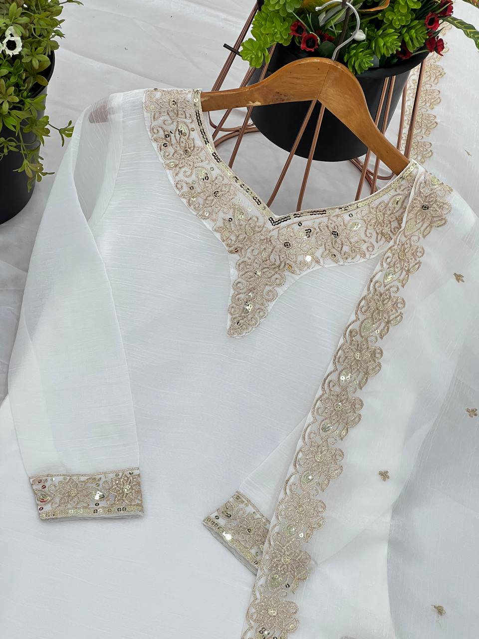Elegant Pearl Embroidered Sharara Suit with Mirror Border