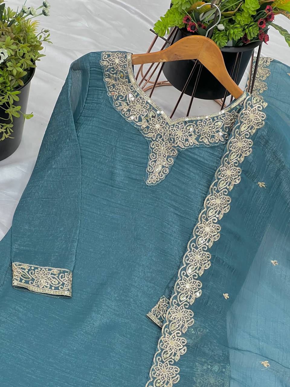 Elegant Pearl Embroidered Sharara Suit with Mirror Border
