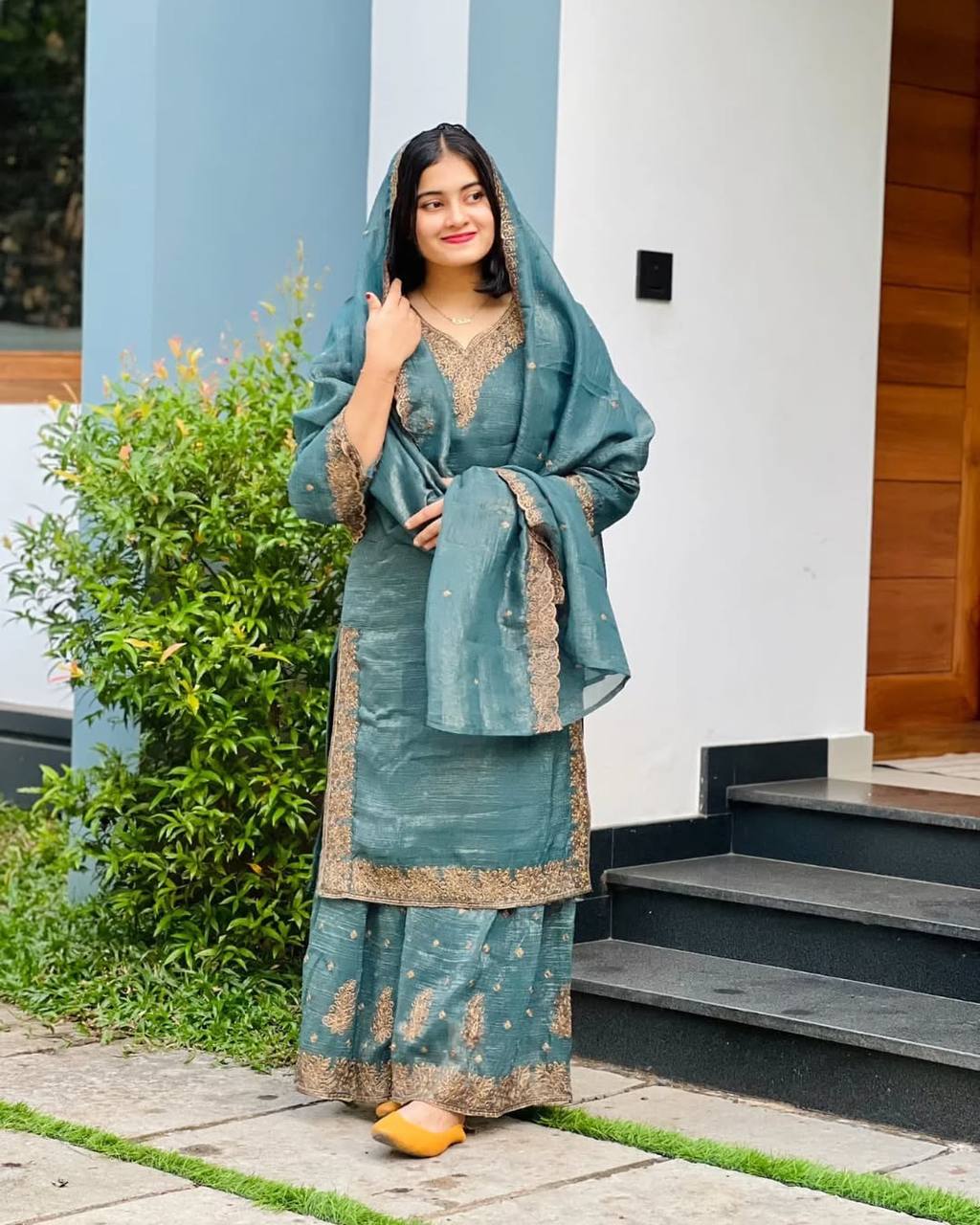 Elegant Pearl Embroidered Sharara Suit with Mirror Border