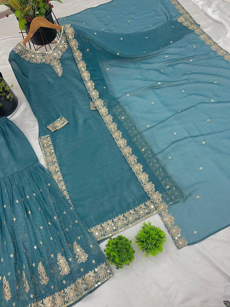 Elegant Pearl Embroidered Sharara Suit with Mirror Border
