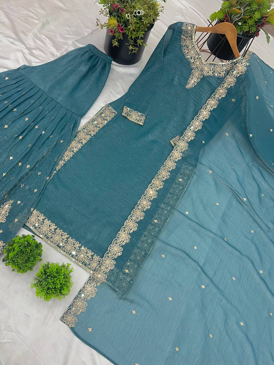 Elegant Pearl Embroidered Sharara Suit with Mirror Border