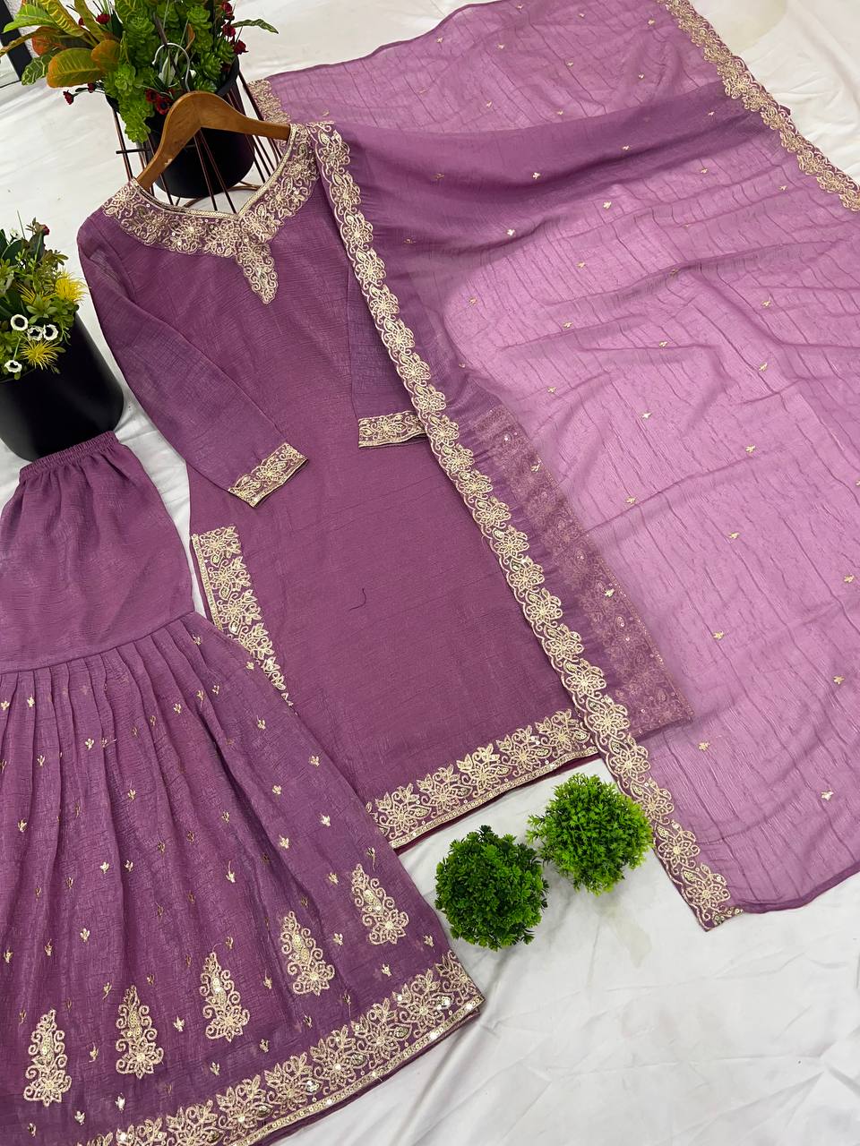 Elegant Pearl Embroidered Sharara Suit with Mirror Border