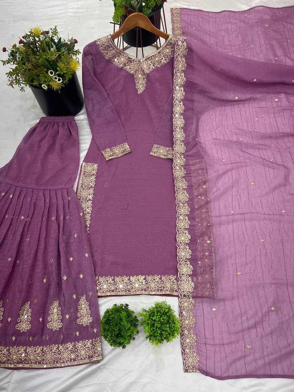 Elegant Pearl Embroidered Sharara Suit with Mirror Border