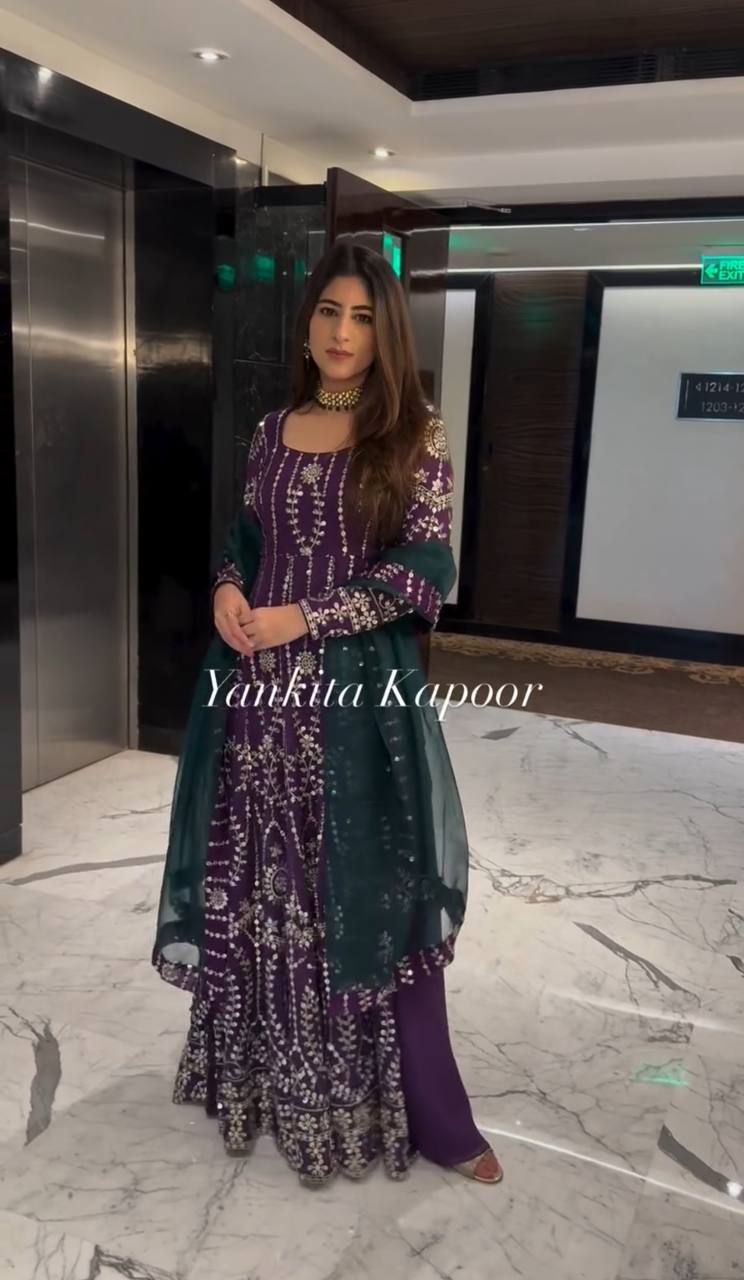 Royal Plum Mirror Embroidered Anarkali Suit with Emerald Dupatta