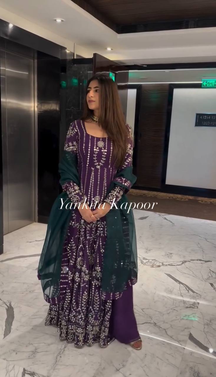 Royal Plum Mirror Embroidered Anarkali Suit with Emerald Dupatta
