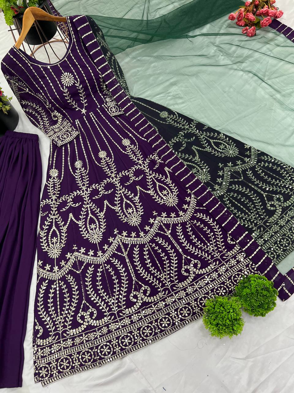 Royal Plum Mirror Embroidered Anarkali Suit with Emerald Dupatta