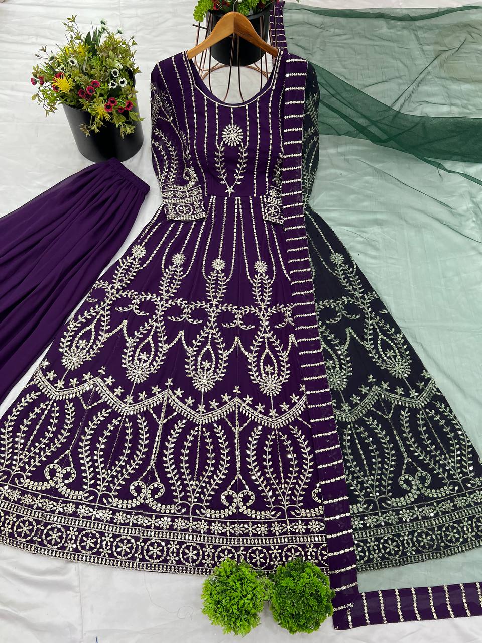 Royal Plum Mirror Embroidered Anarkali Suit with Emerald Dupatta