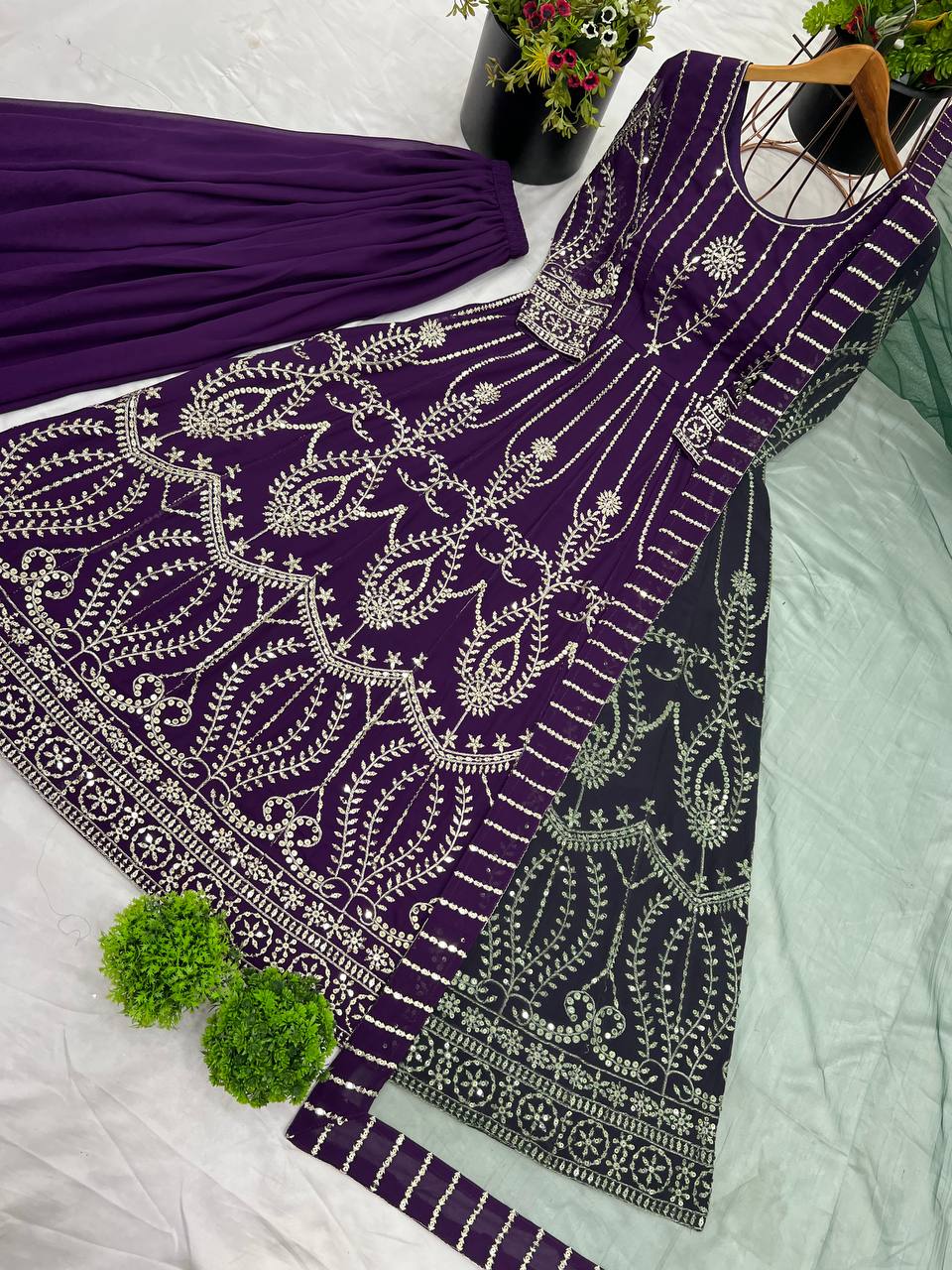 Royal Plum Mirror Embroidered Anarkali Suit with Emerald Dupatta
