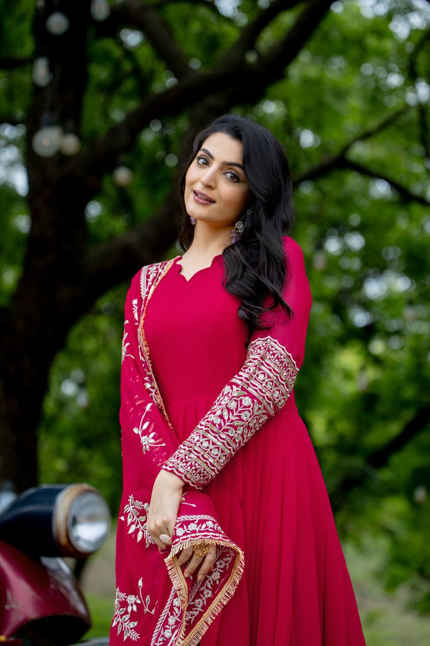 Pink Anarkali Gown with Heavy Zari Embroidery & Velvet Dupatta