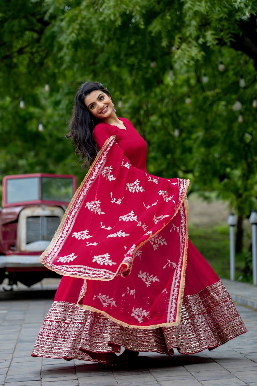 Pink Anarkali Gown with Heavy Zari Embroidery & Velvet Dupatta