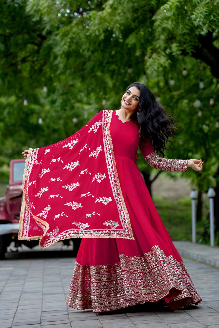 Pink Anarkali Gown with Heavy Zari Embroidery & Velvet Dupatta