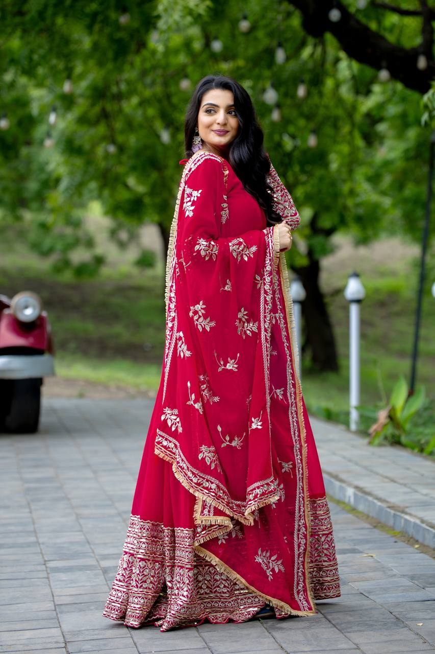 Pink Anarkali Gown with Heavy Zari Embroidery & Velvet Dupatta