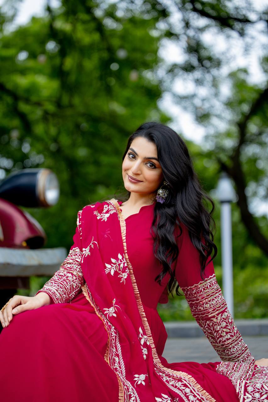 Pink Anarkali Gown with Heavy Zari Embroidery & Velvet Dupatta