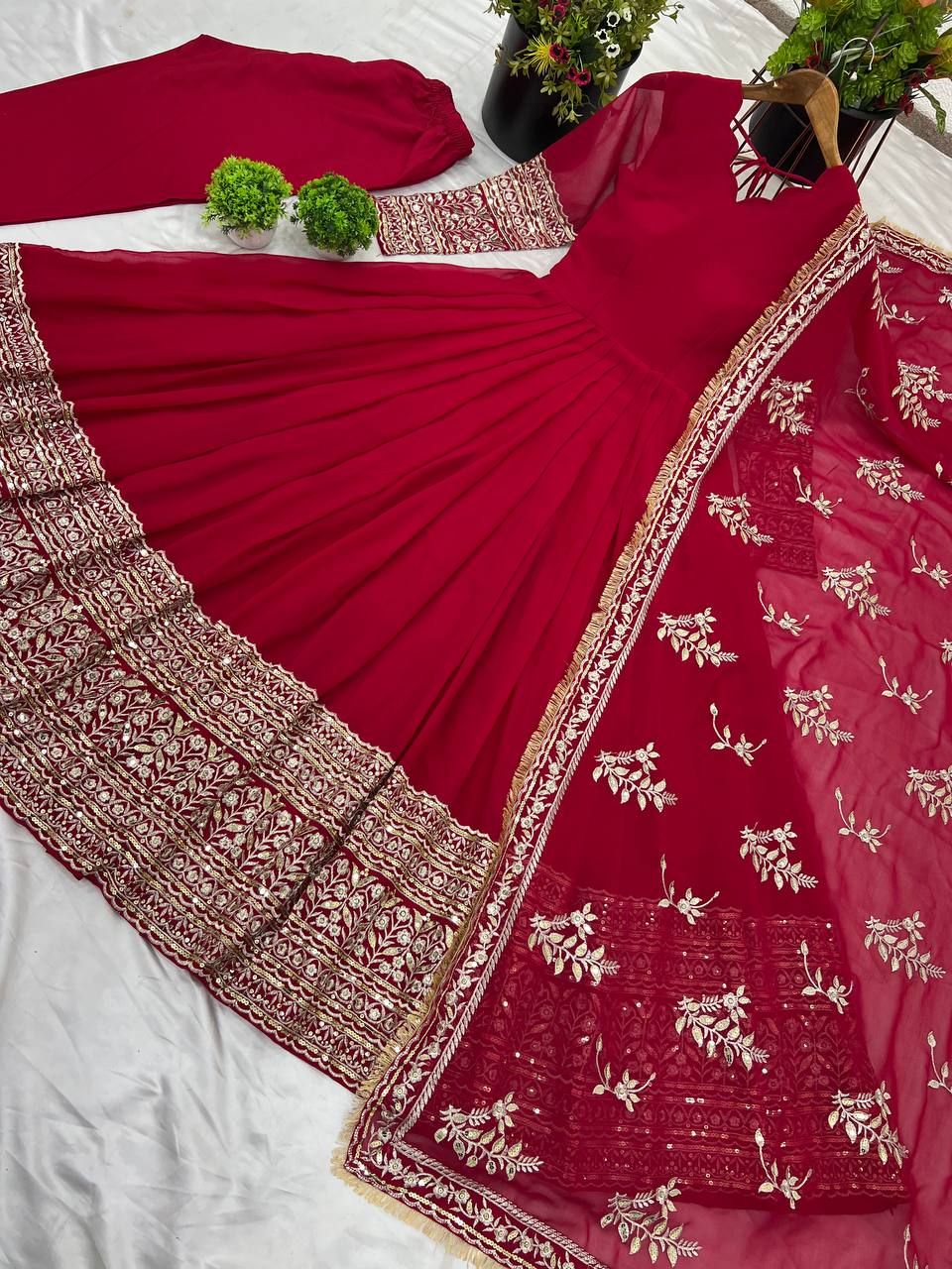 Pink Anarkali Gown with Heavy Zari Embroidery & Velvet Dupatta