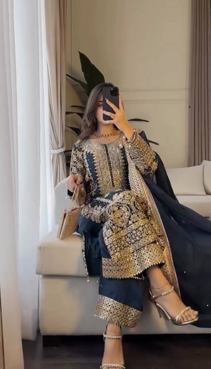 Royal Midnight Embroidered Palazzo Suit with Pearl Net Dupatta