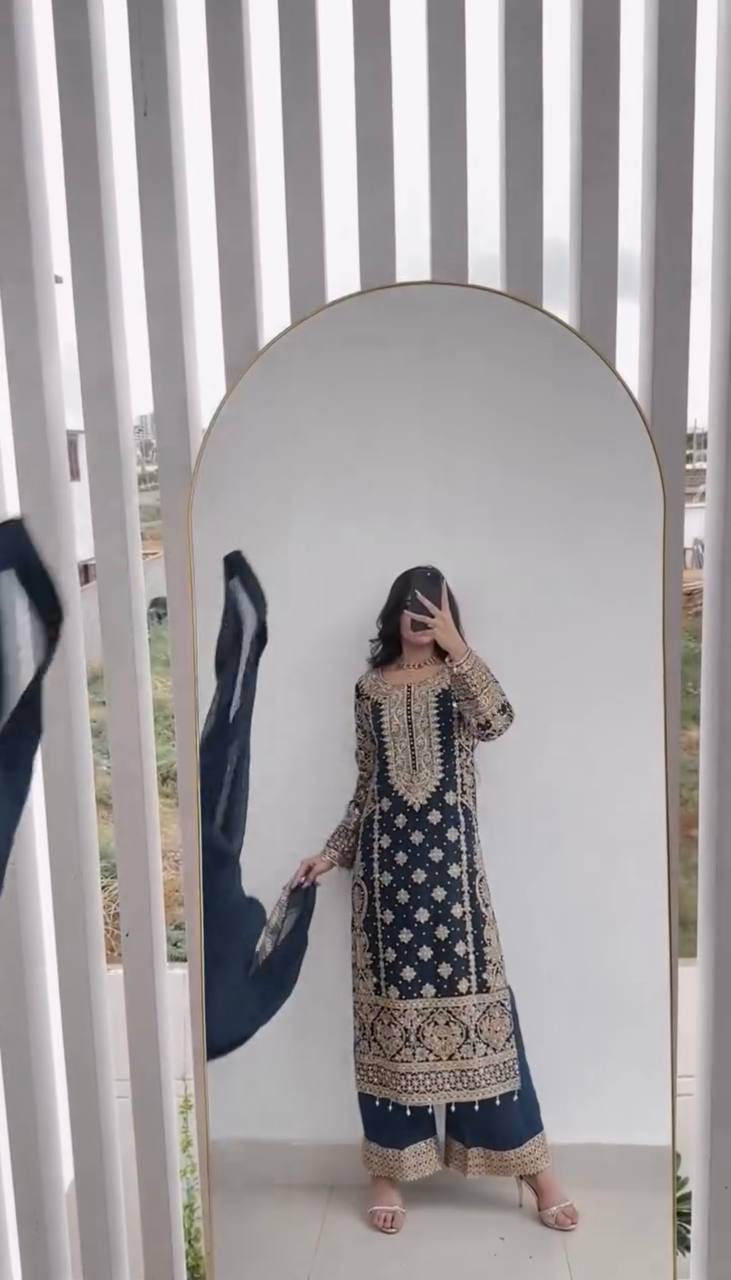 Royal Midnight Embroidered Palazzo Suit with Pearl Net Dupatta