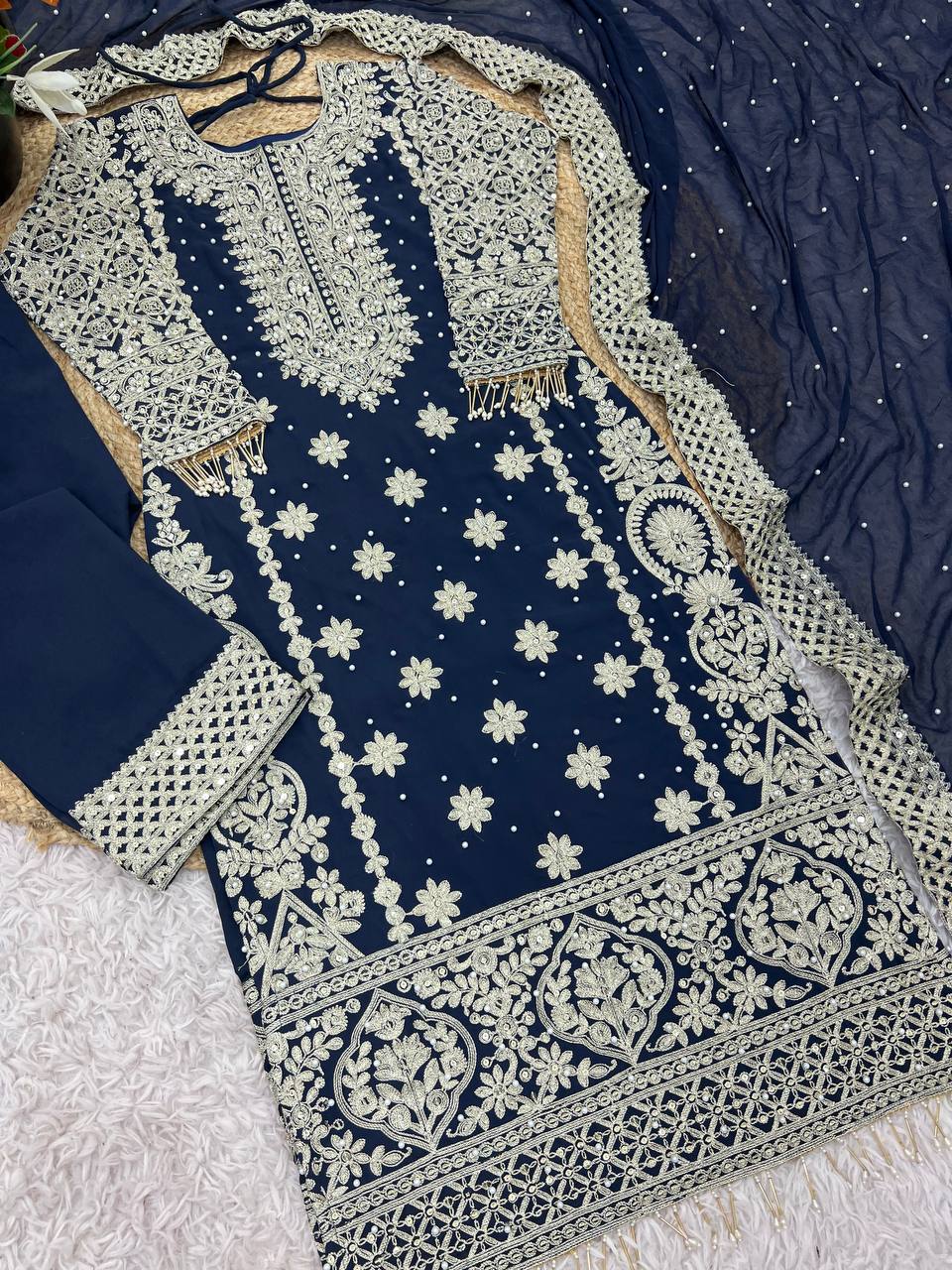 Royal Midnight Embroidered Palazzo Suit with Pearl Net Dupatta