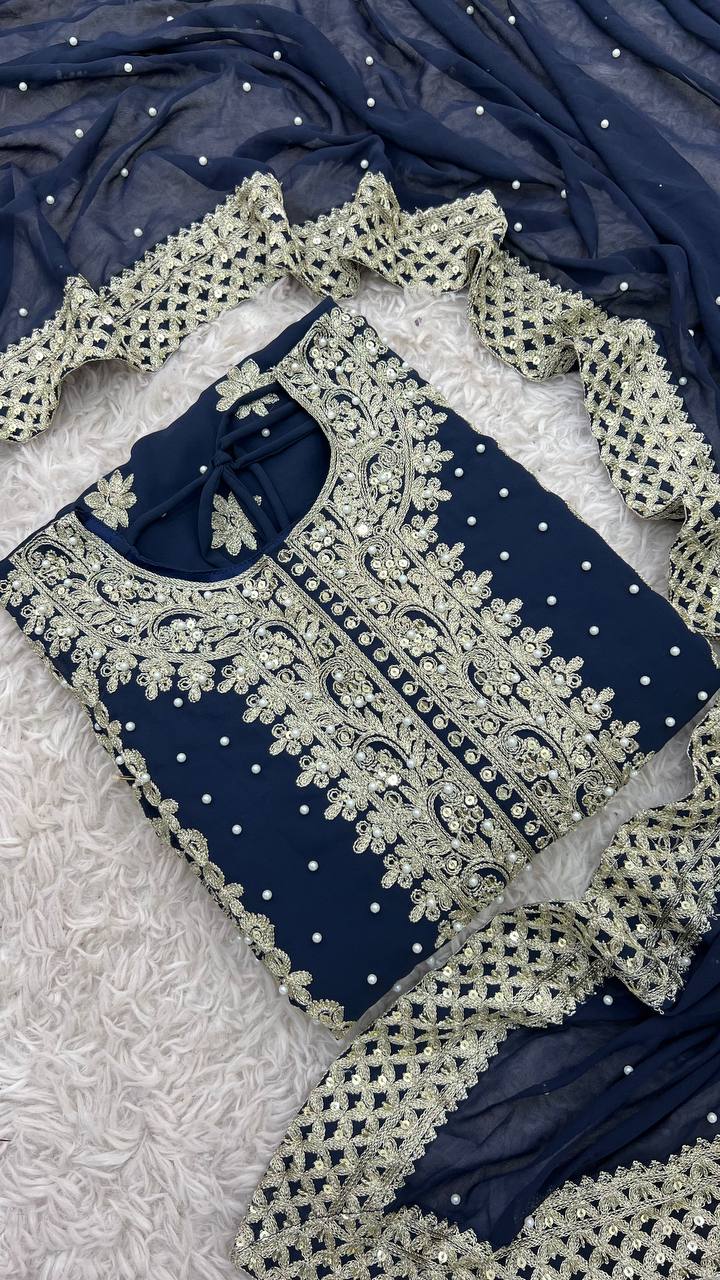Royal Midnight Embroidered Palazzo Suit with Pearl Net Dupatta