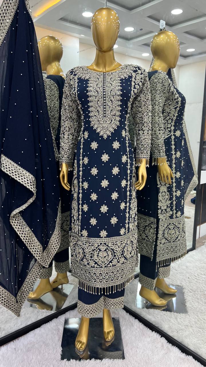 Royal Midnight Embroidered Palazzo Suit with Pearl Net Dupatta