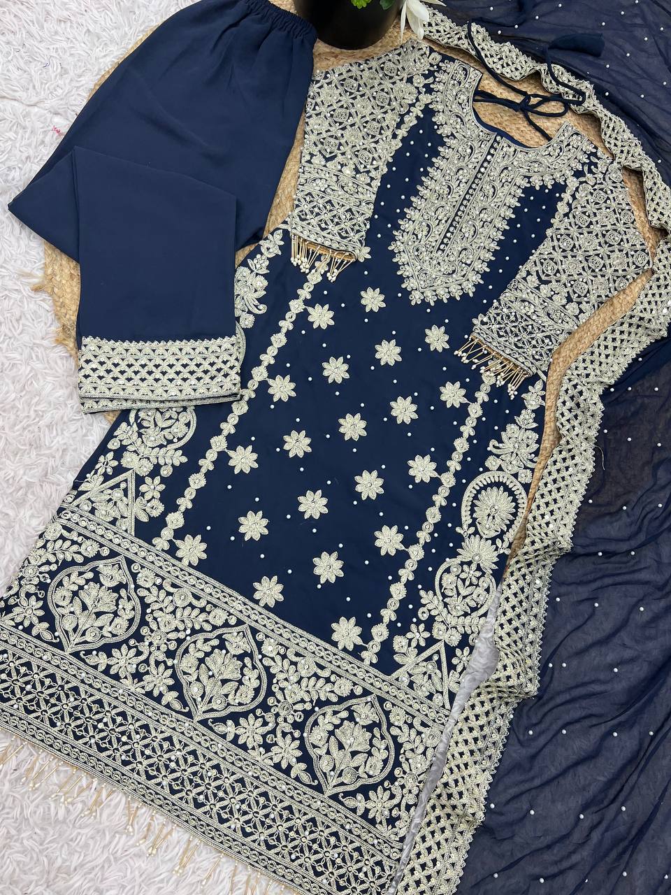 Royal Midnight Embroidered Palazzo Suit with Pearl Net Dupatta