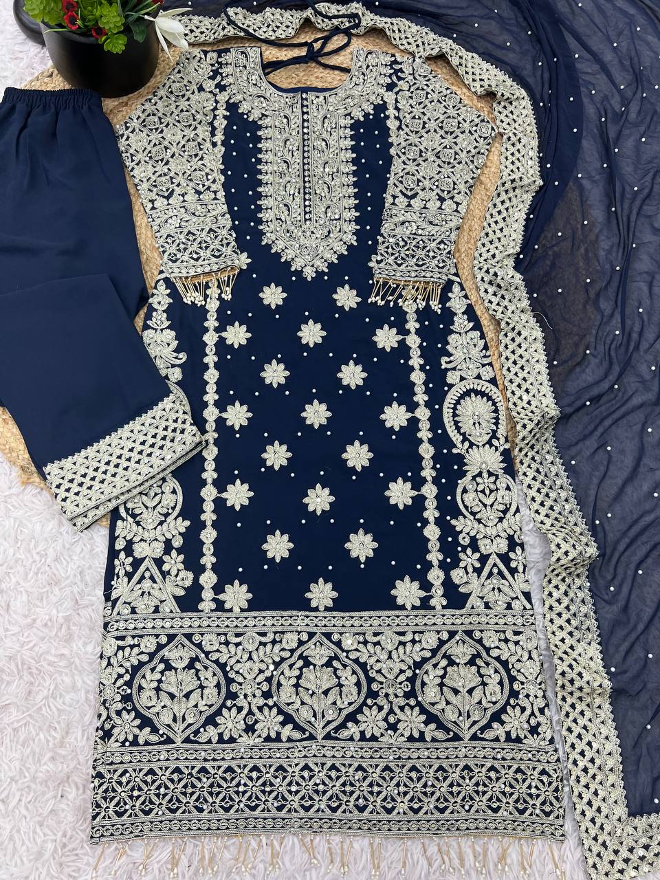 Royal Midnight Embroidered Palazzo Suit with Pearl Net Dupatta