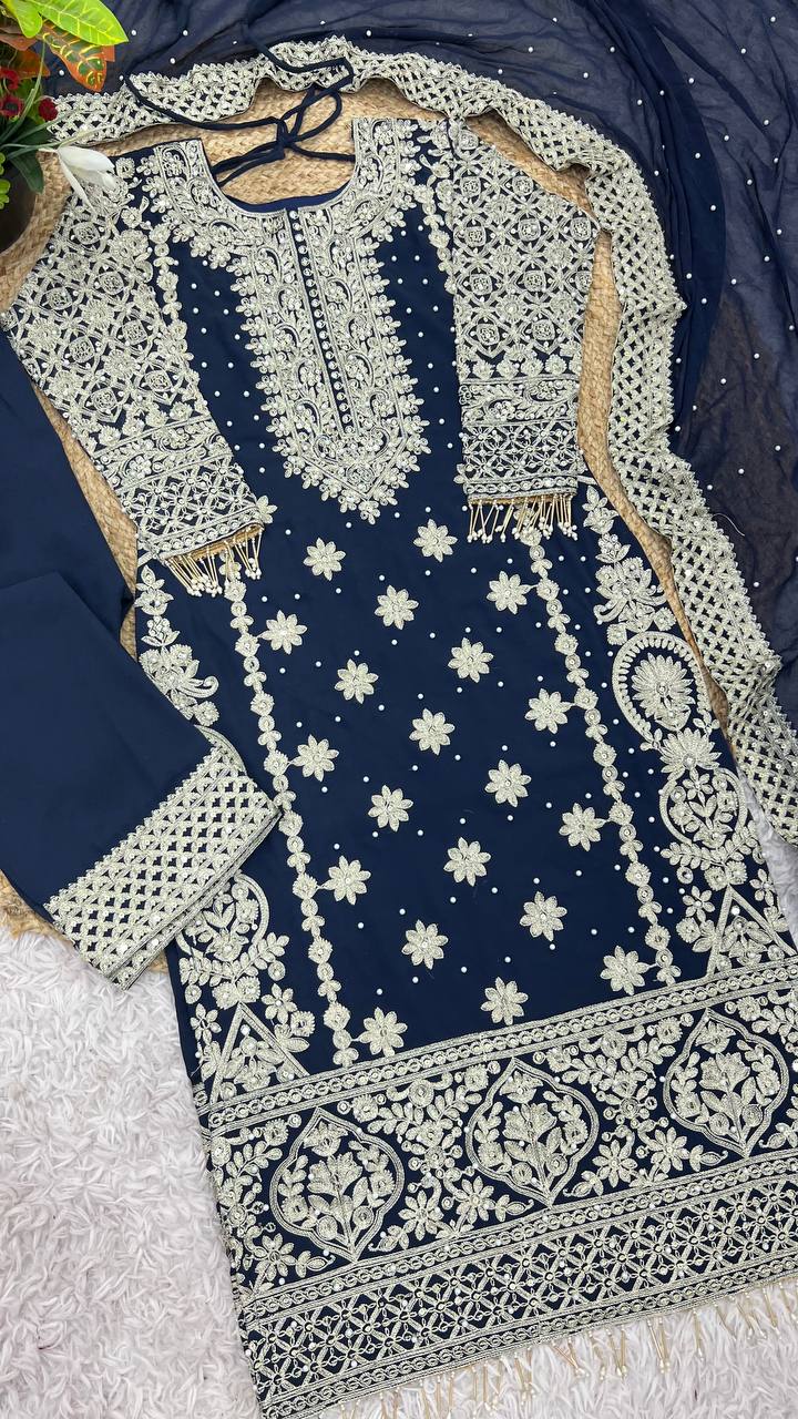 Royal Midnight Embroidered Palazzo Suit with Pearl Net Dupatta